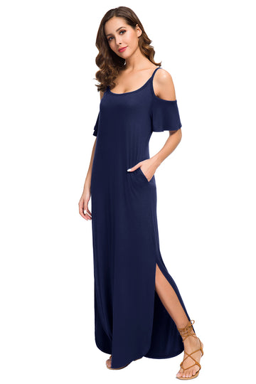 Summer Casual Loose Long Dress Strapless Strap Cold Shoulder Short Sleeve Split Maxi Dresses with Pocket Navy Blue Royal Blue Wine Red